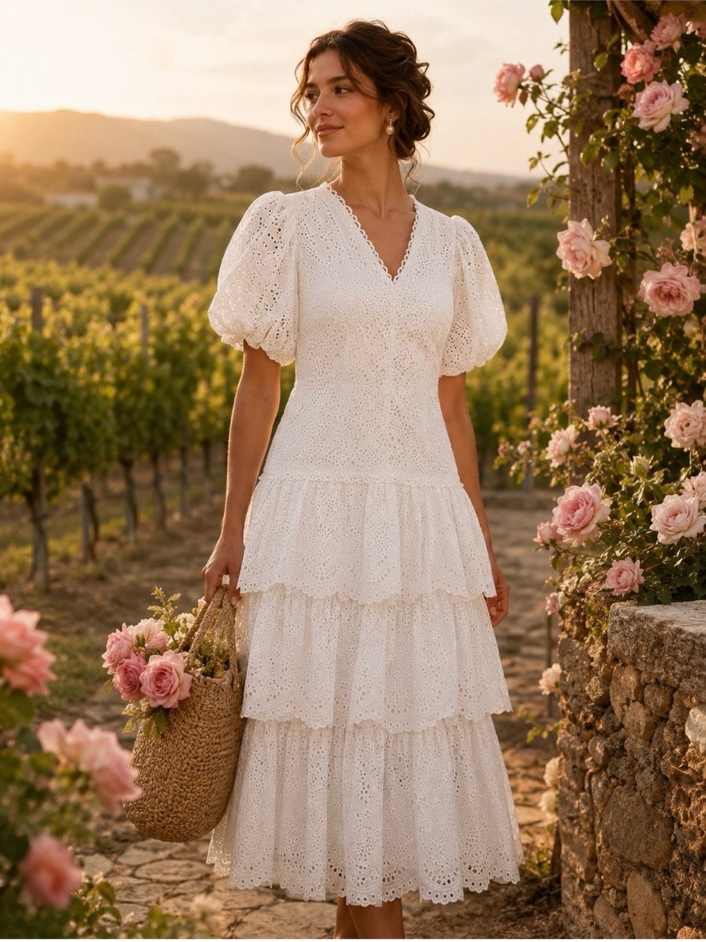 Farm Rio White Eyelet Puff Sleeve Tiered Cotton Midi Dress Sz-L - Picture 2 of 7